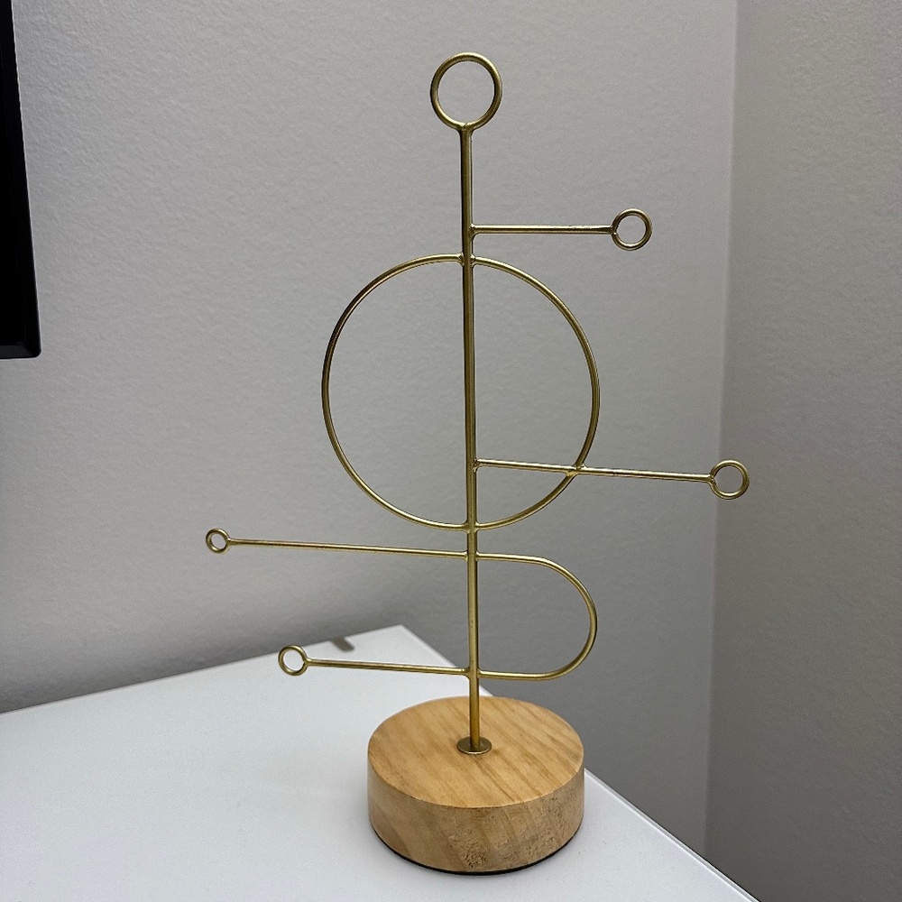 Anthropologie Ursa Jewelry Stand, Gold with round wood base